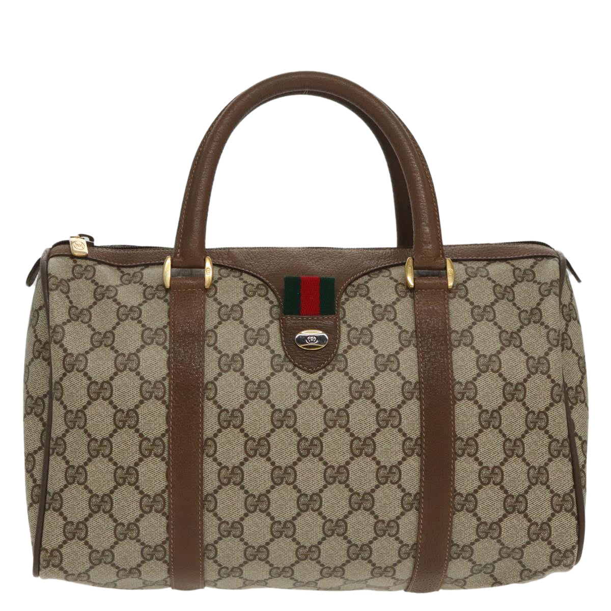 GUCCI GG Supreme Web Sherry Line Boston Bag PVC Beige Gold 111 02 007 Auth 97167