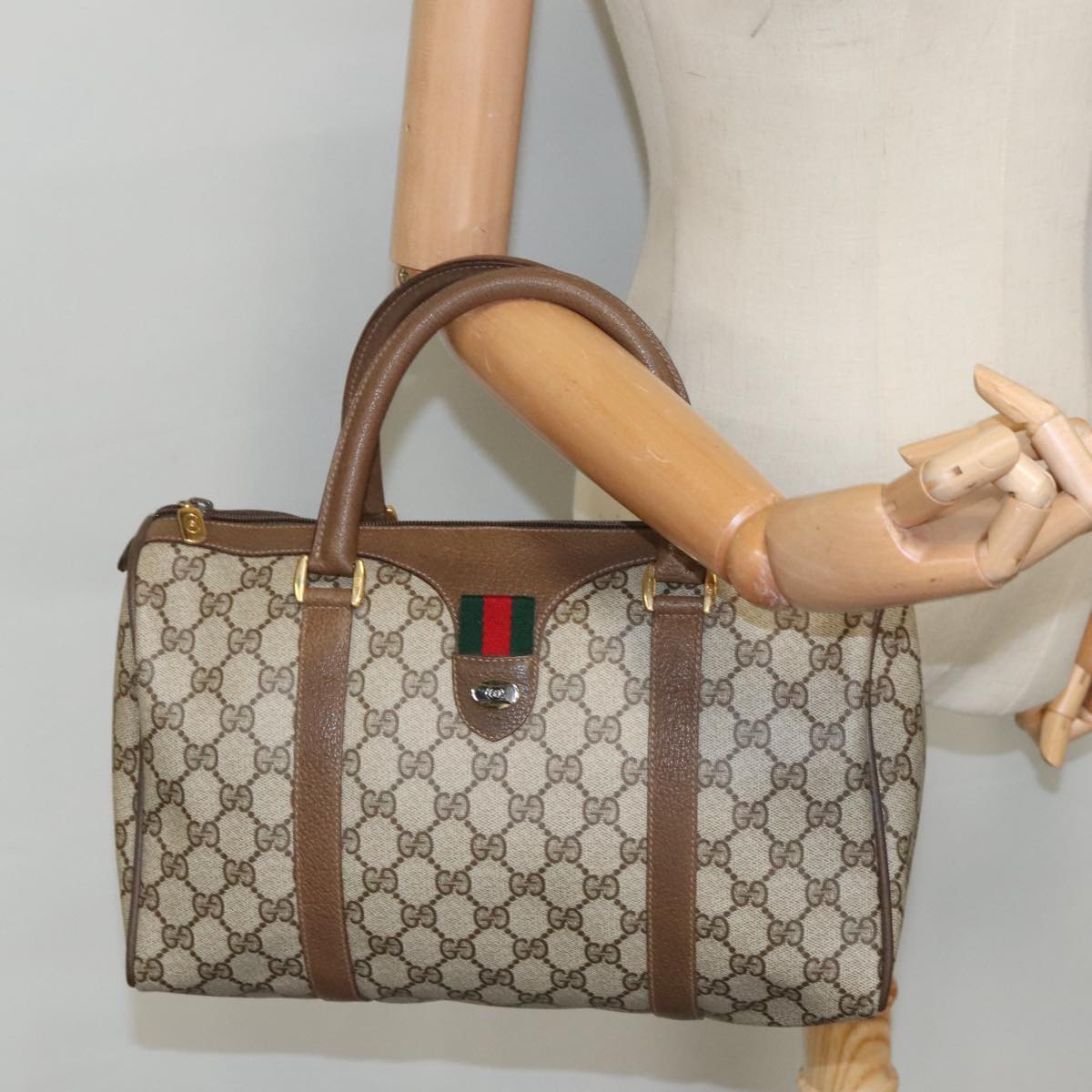 GUCCI GG Supreme Web Sherry Line Boston Bag PVC Beige Gold 111 02 007 Auth 97167