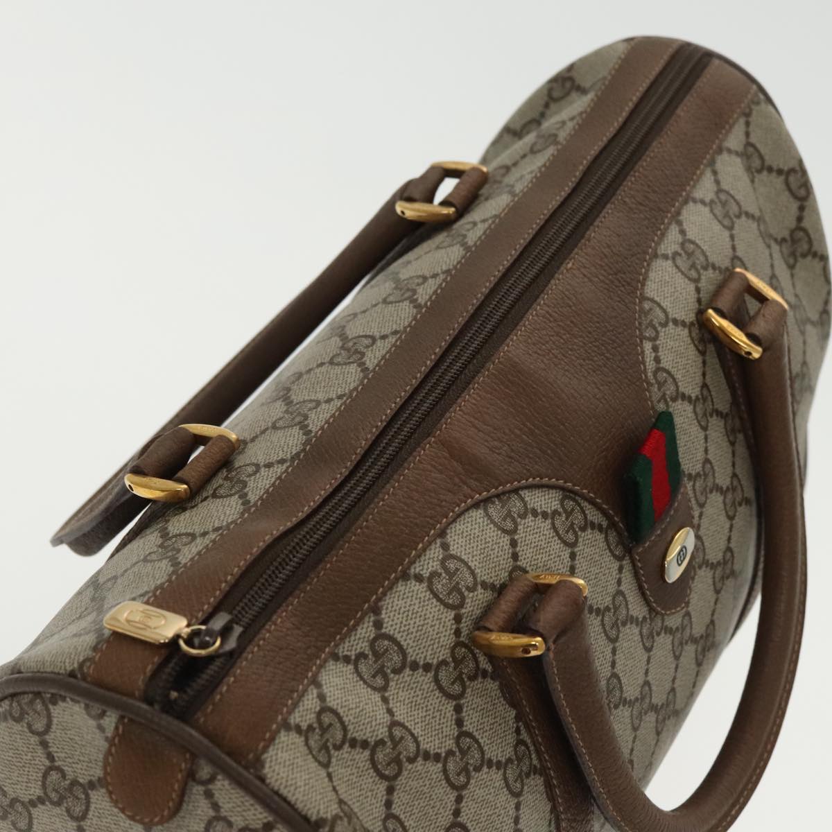 GUCCI GG Supreme Web Sherry Line Boston Bag PVC Beige Gold 111 02 007 Auth 97167