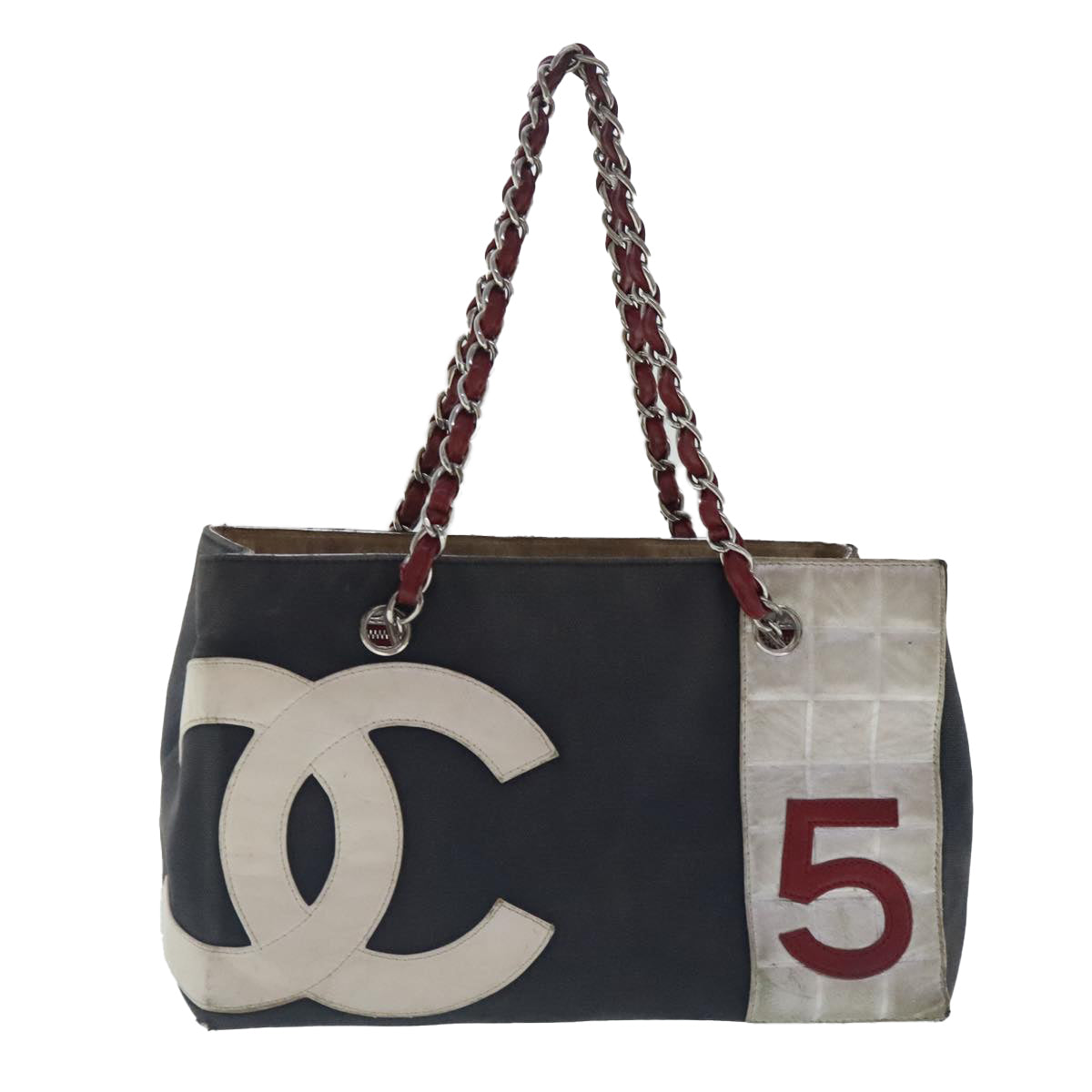 CHANEL Chain Hand Bag No5 Canvas Navy Silver CC Auth 97210