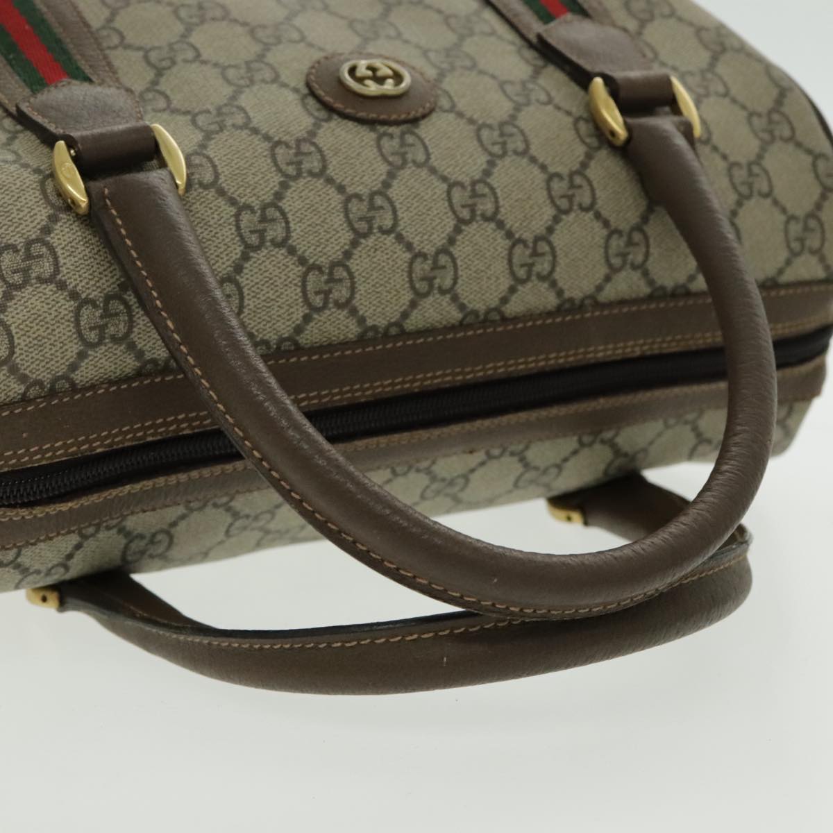 GUCCI GG Supreme Web Sherry Line Boston Bag PVC 2way Beige Gold Auth 97302