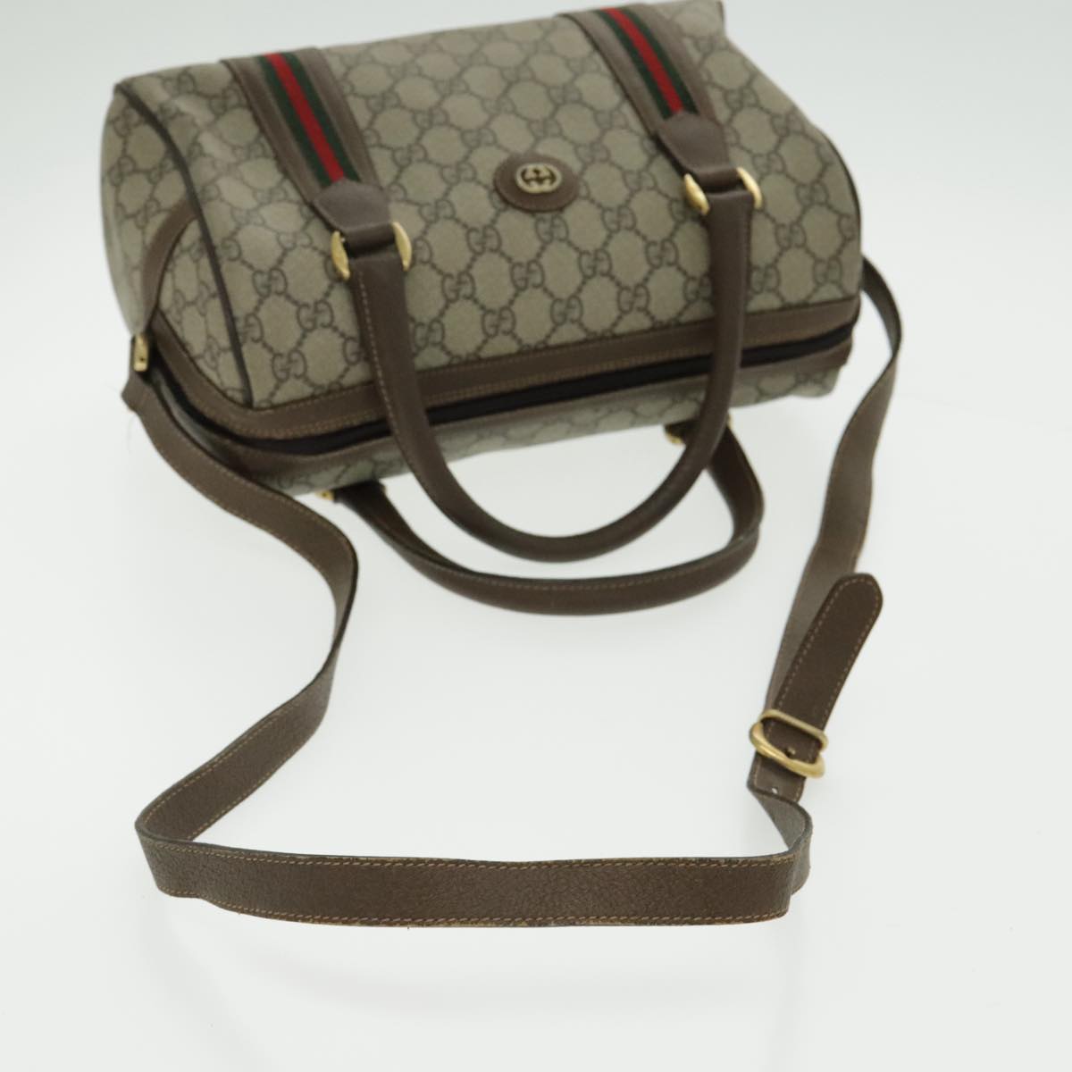 GUCCI GG Supreme Web Sherry Line Boston Bag PVC 2way Beige Gold Auth 97302