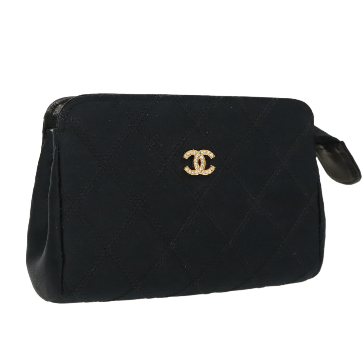 CHANEL Wild Stitch Pouch Satin Black Gold CC Auth 97382