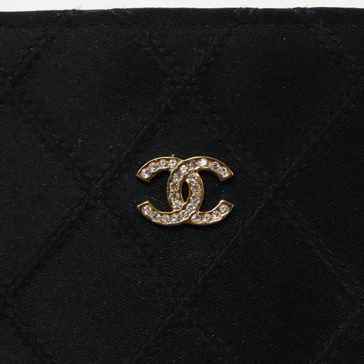 CHANEL Wild Stitch Pouch Satin Black Gold CC Auth 97382