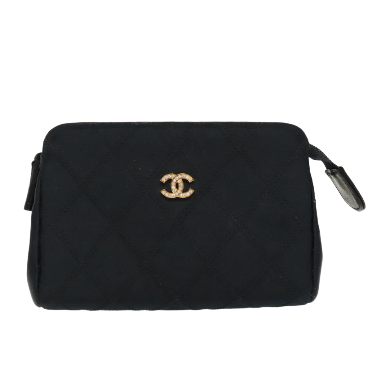 CHANEL Wild Stitch Pouch Satin Black Gold CC Auth 97382