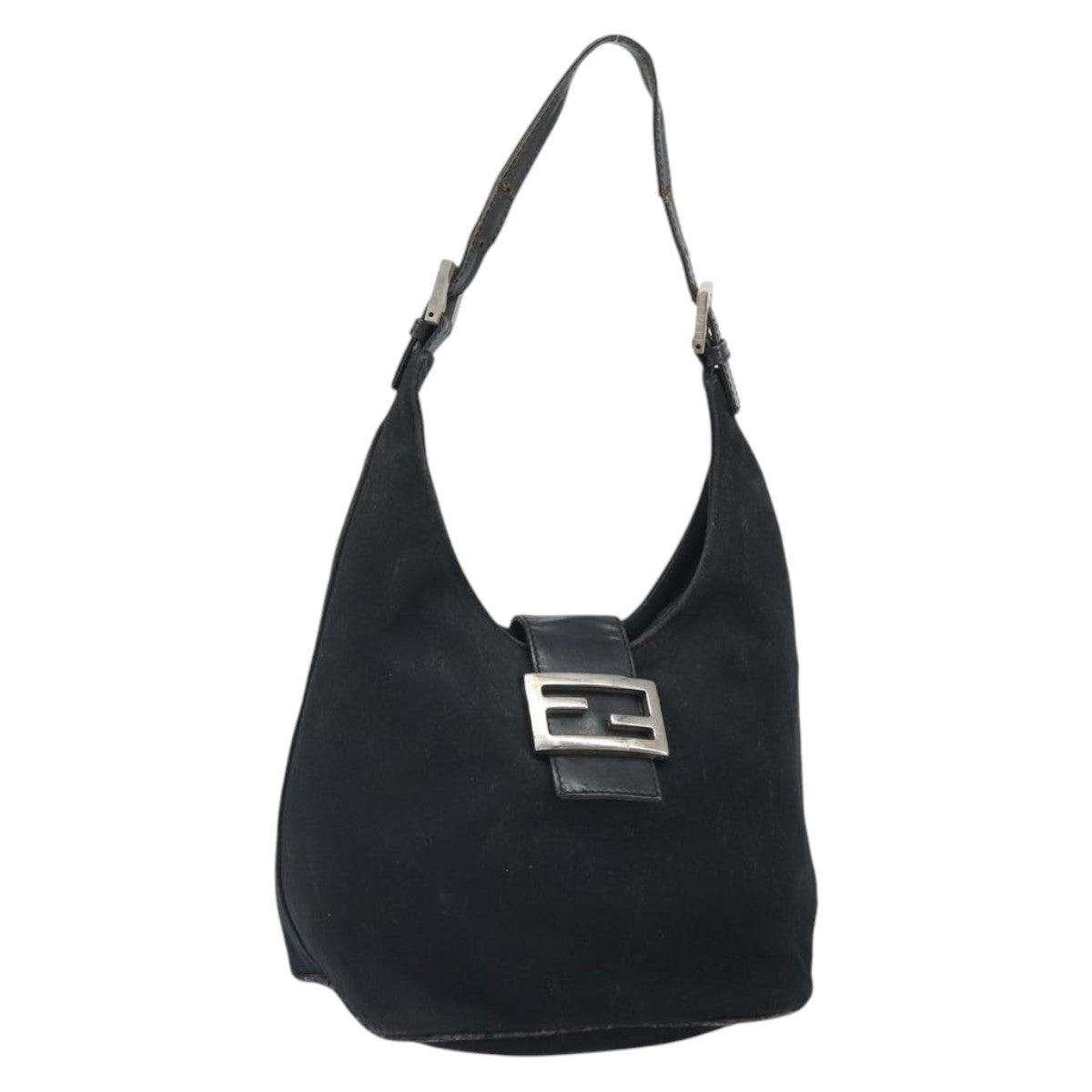 FENDI Mamma Baguette Shoulder Bag Leather Black Silver Auth 97412