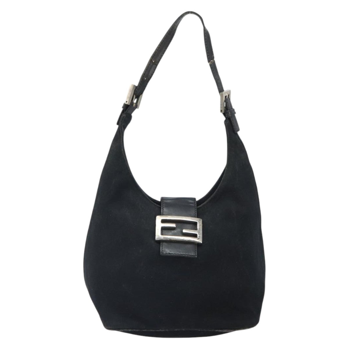 FENDI Mamma Baguette Shoulder Bag Leather Black Silver Auth 97412