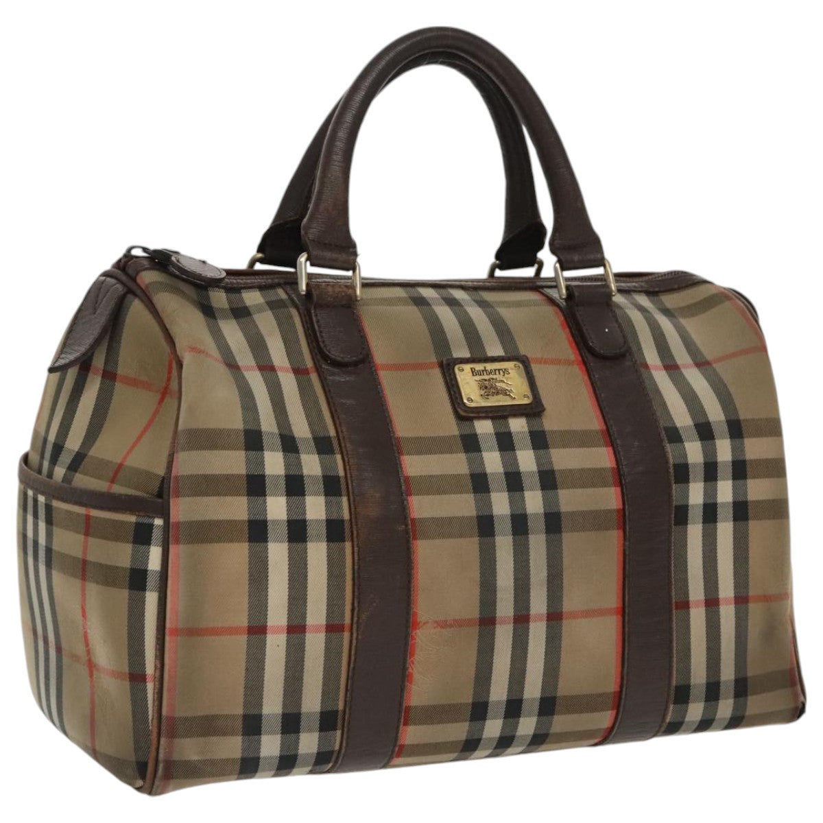 Burberrys Nova Check Boston Bag Canvas Beige Auth 97417