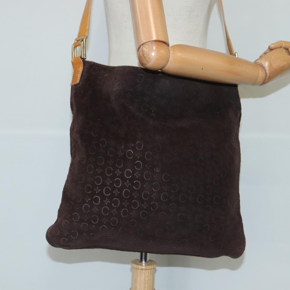 CELINE C Macadam Canvas Shoulder Bag Gold Brown Auth 97446