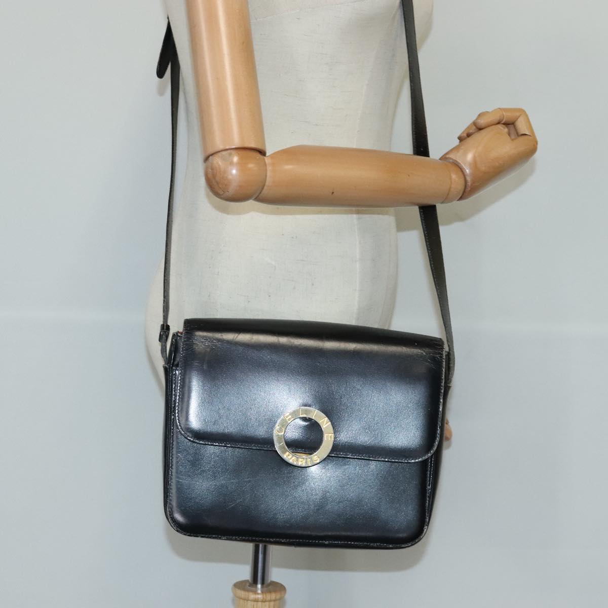 CELINE Shoulder Bag Leather Black Gold Auth 97448