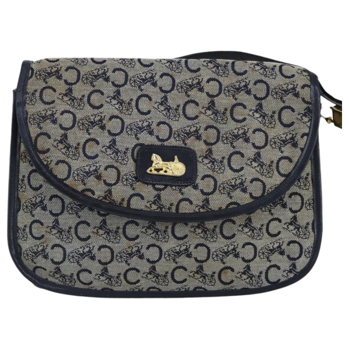 CELINE C Sulky Shoulder Bag Canvas Navy Gold Auth 97449