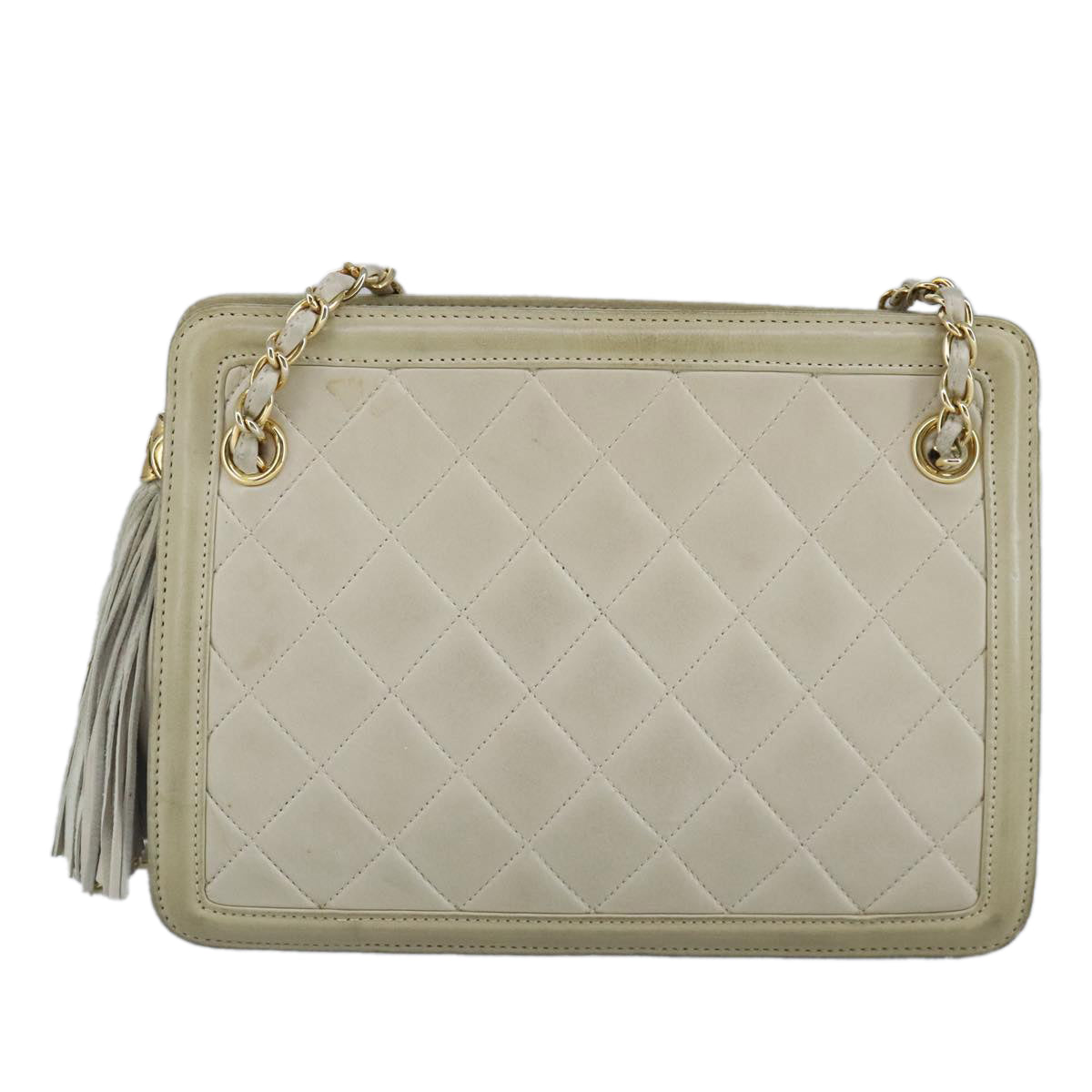 CHANEL Matelasse Chain Shoulder Bag Lamb Skin Beige Gold CC Auth 97457