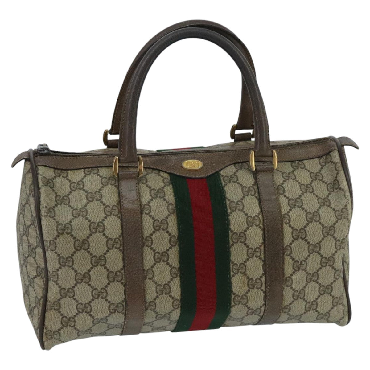 GUCCI GG Supreme Web Sherry Line Boston Bag PVC Beige Gold 39 02 007 Auth 97525