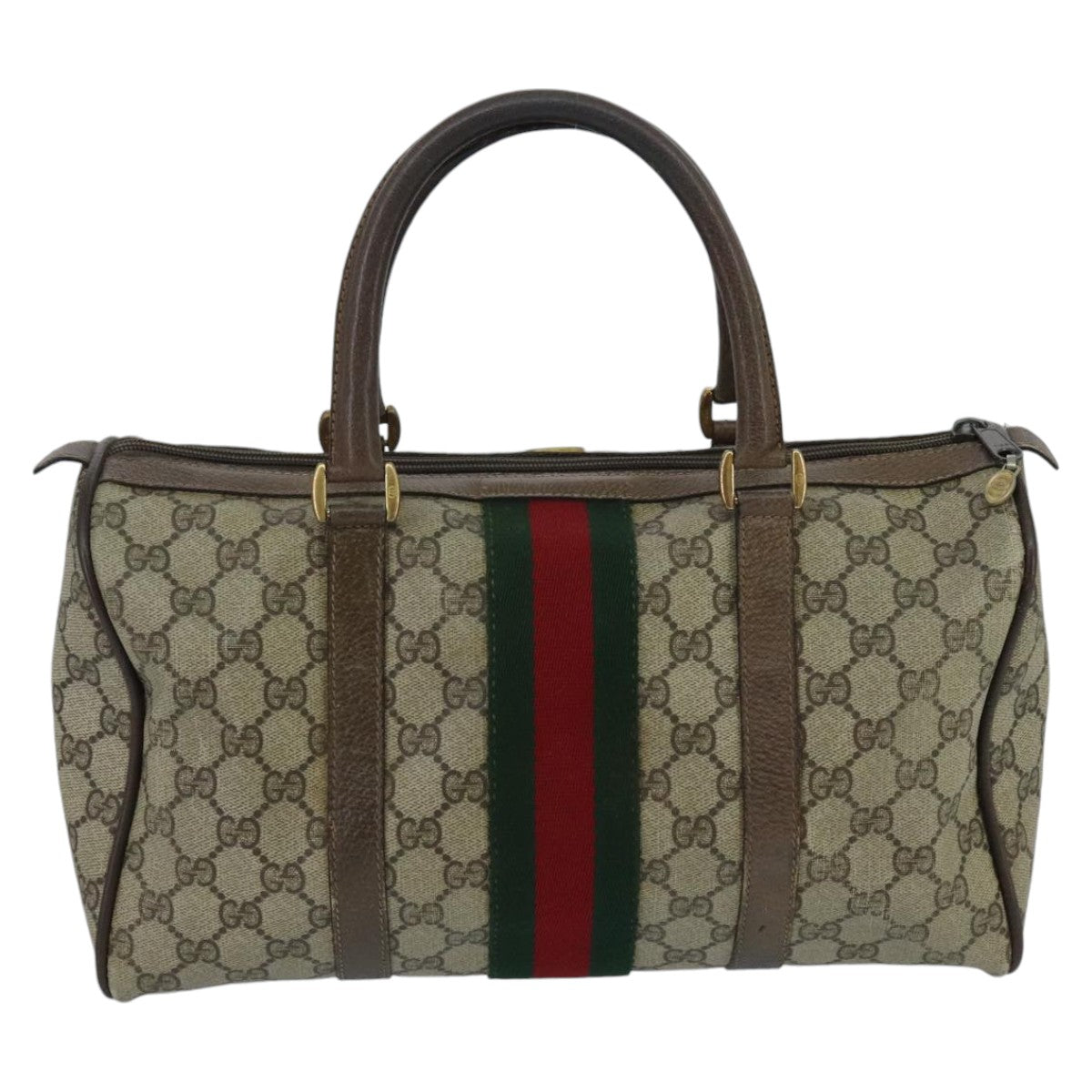 GUCCI GG Supreme Web Sherry Line Boston Bag PVC Beige Gold 39 02 007 Auth 97525