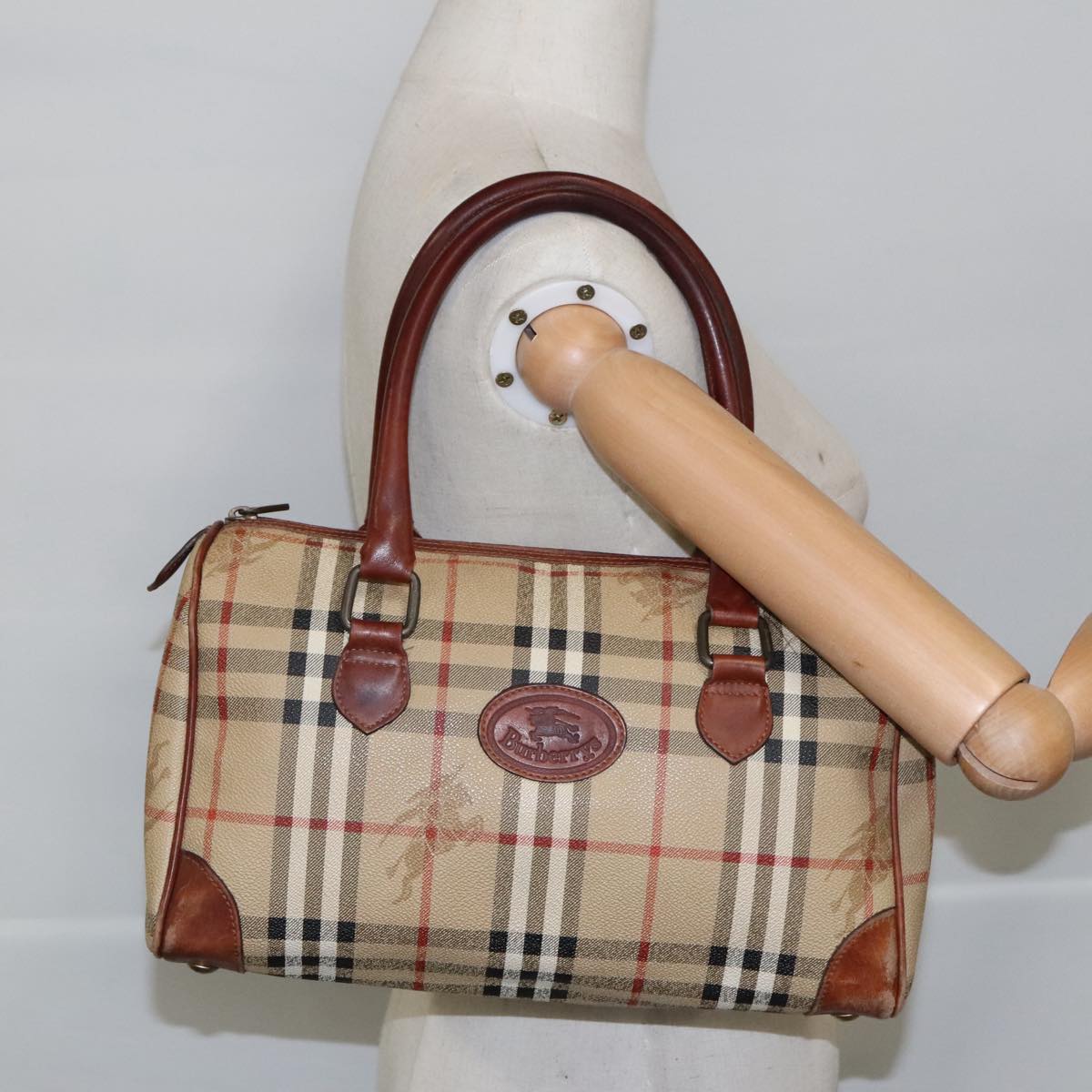 Burberrys Nova Check Hand Bag PVC Beige Auth 97543