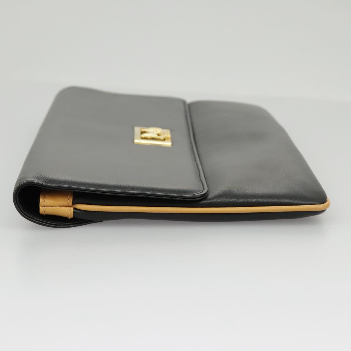 CELINE Clutch Bag Leather Black Gold Auth 97572