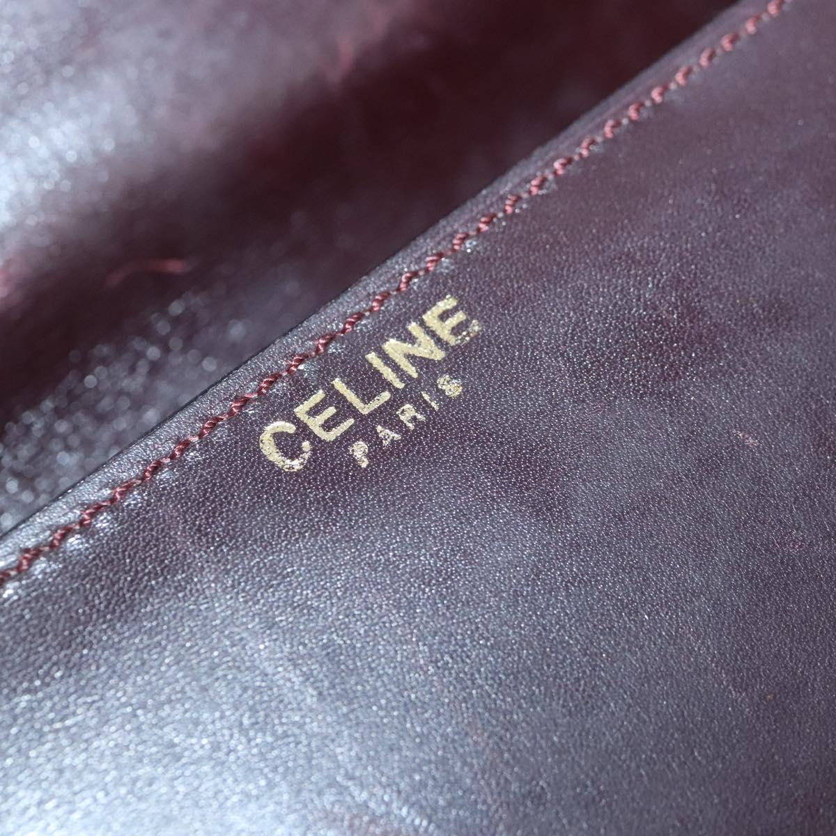 CELINE Hand Bag Leather Bordeaux Gold Auth 97579