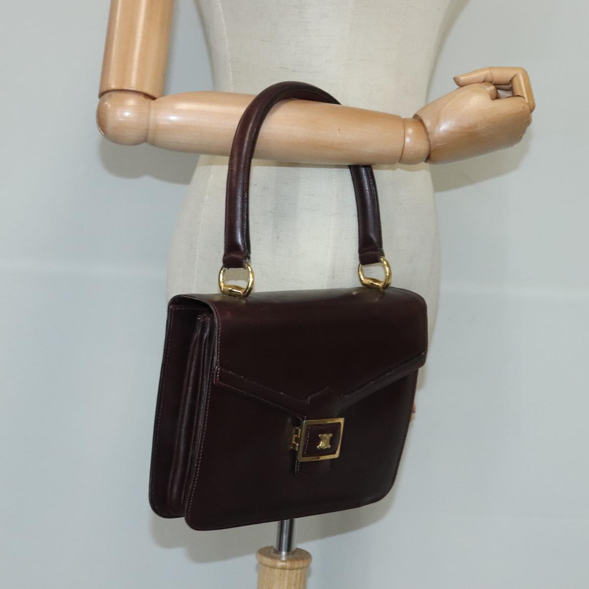 CELINE Hand Bag Leather Bordeaux Gold Auth 97579