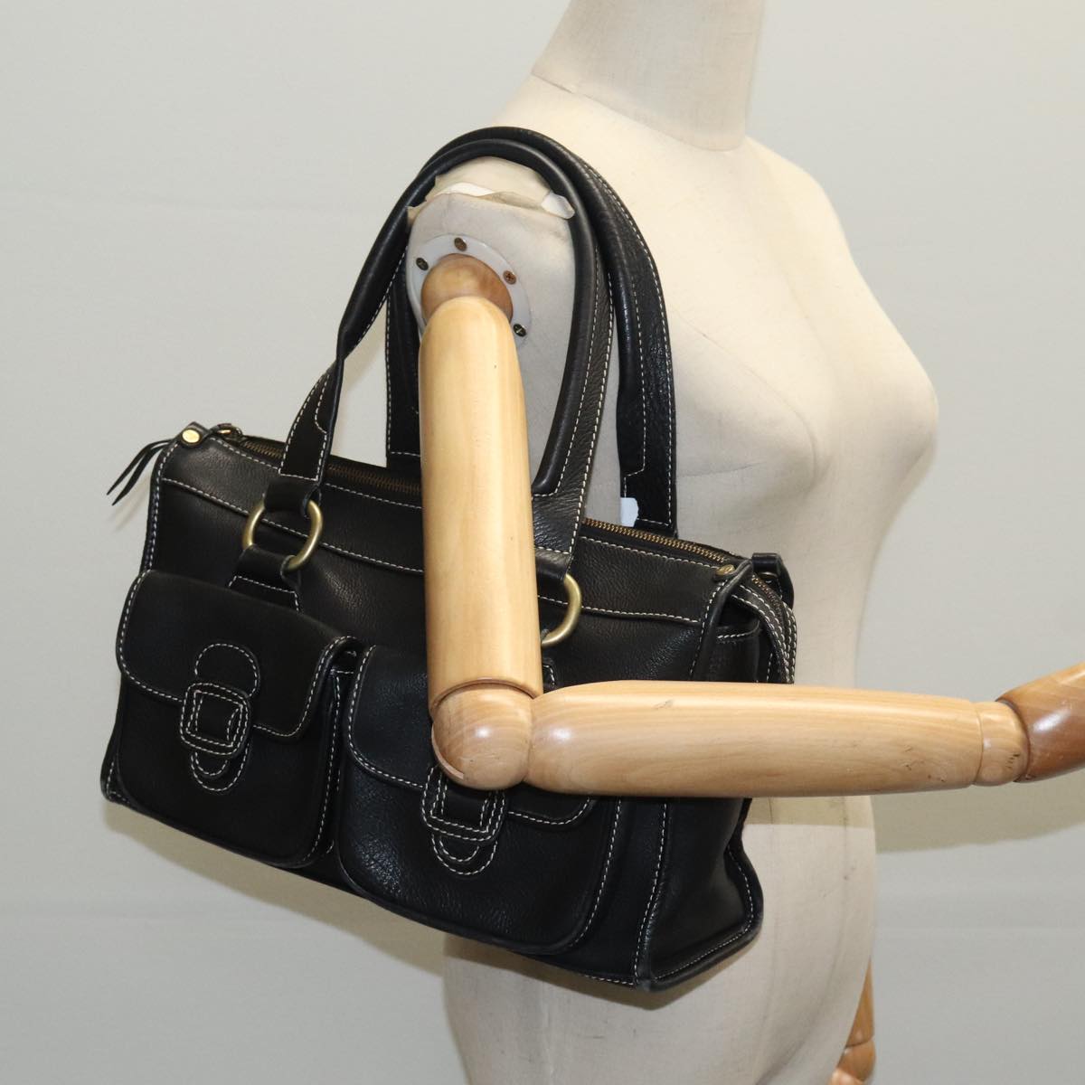 CELINE Hand Bag Leather Black Gold Auth 97634