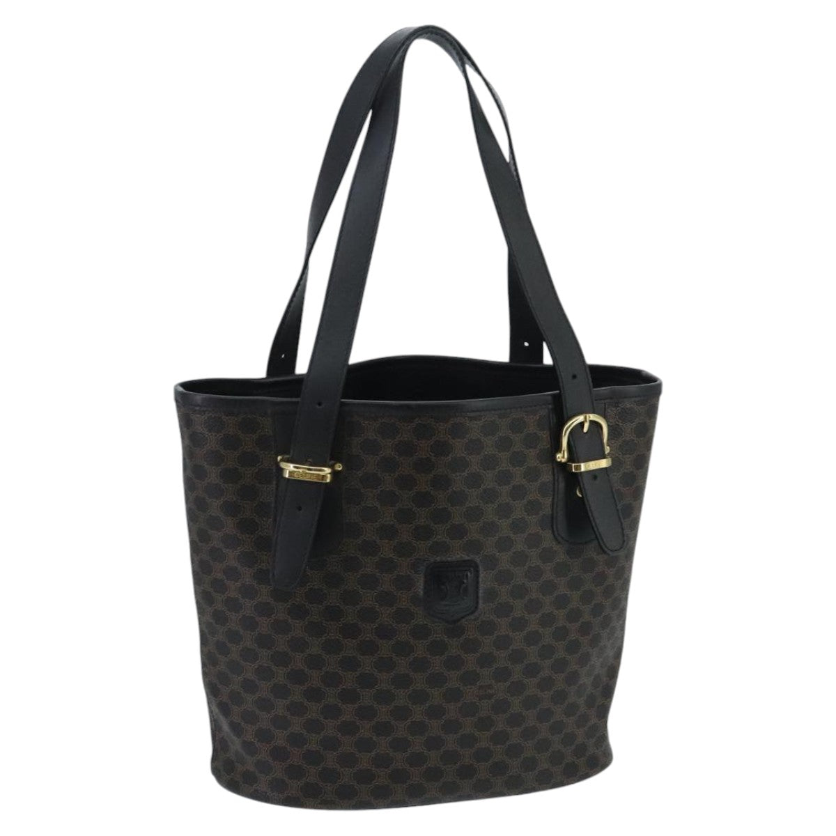 CELINE Macadam Canvas Hand Bag PVC Leather Black Gold Auth 97659