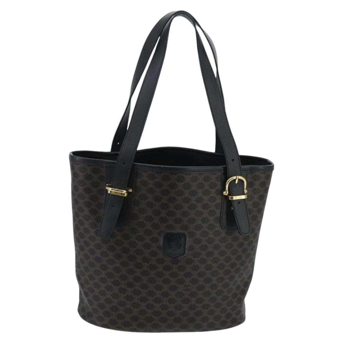 CELINE Macadam Canvas Hand Bag PVC Leather Black Gold Auth 97659