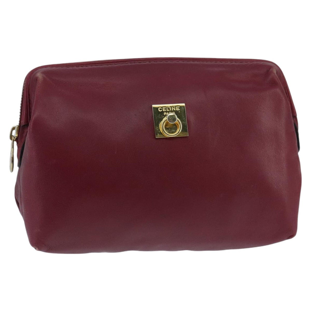 CELINE Pouch Leather Bordeaux Gold Auth 97693