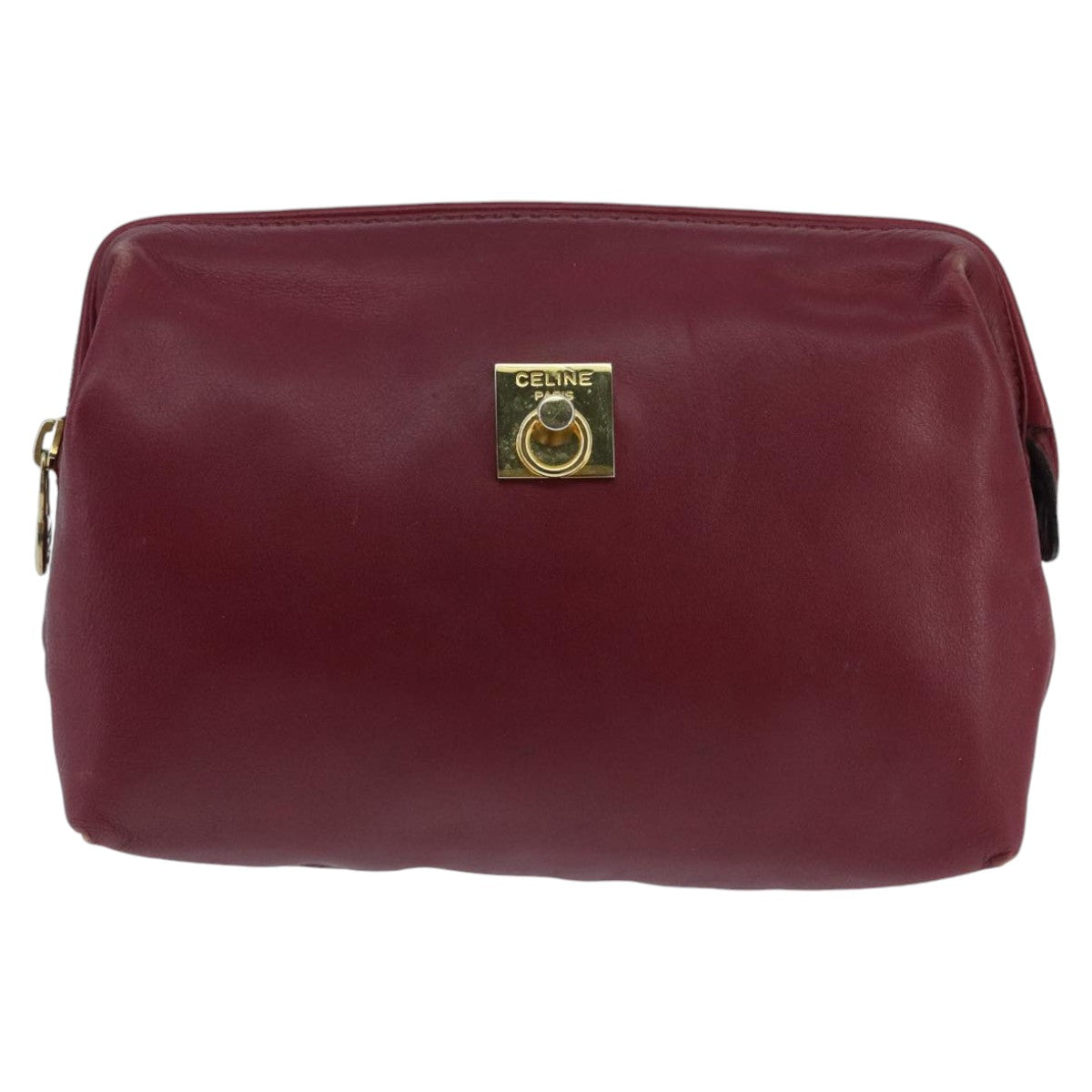 CELINE Pouch Leather Bordeaux Gold Auth 97693