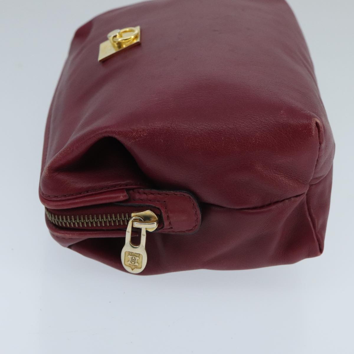 CELINE Pouch Leather Bordeaux Gold Auth 97693