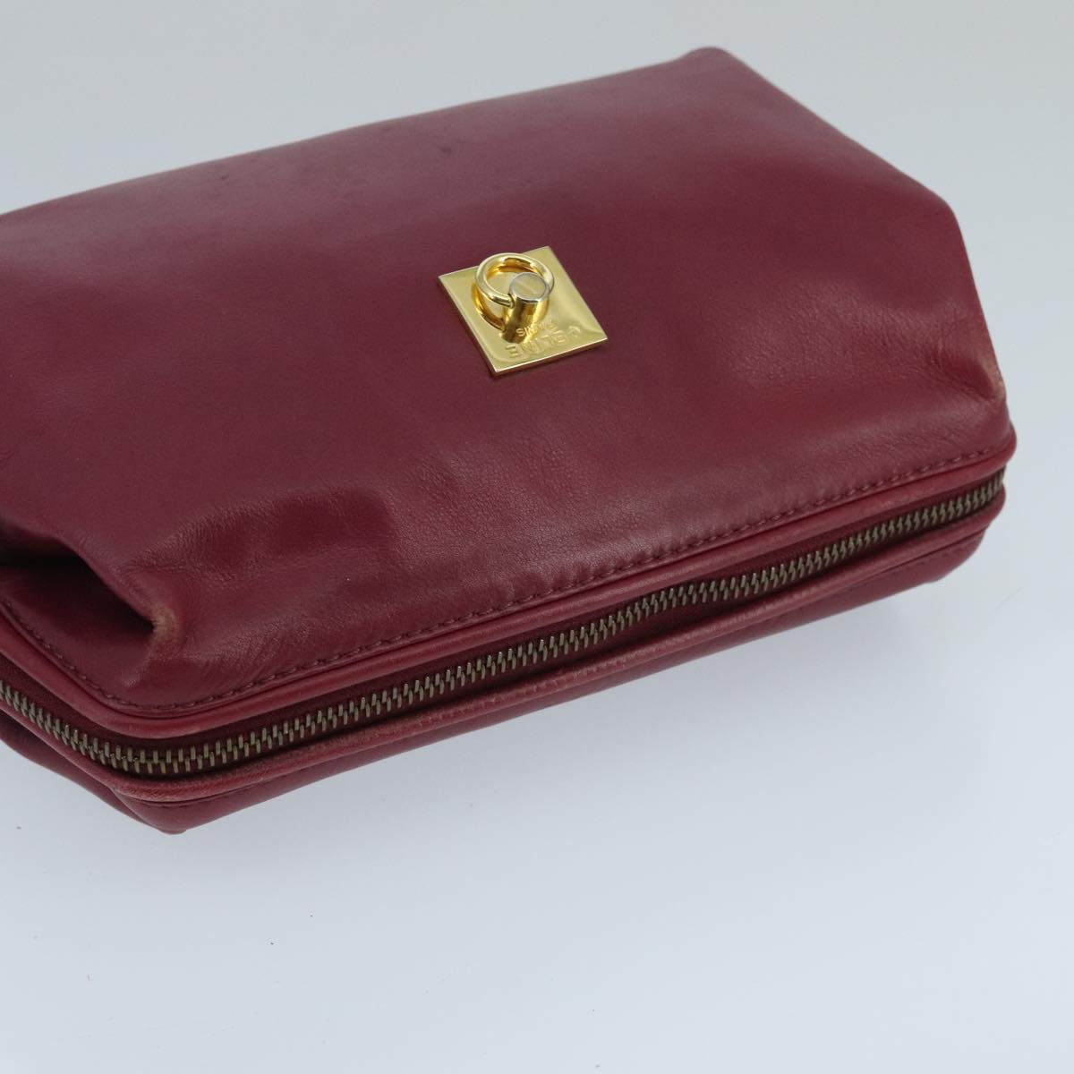 CELINE Pouch Leather Bordeaux Gold Auth 97693