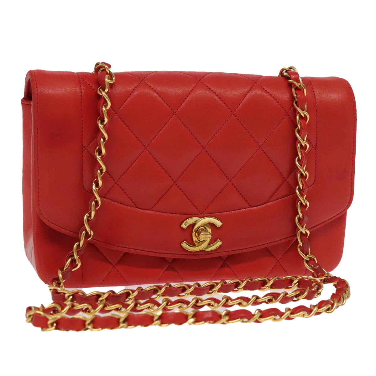 CHANEL Matelasse Diana Chain Shoulder Bag Lamb Skin Red CC Auth 97772A