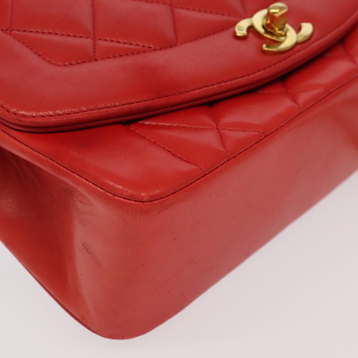 CHANEL Matelasse Diana Chain Shoulder Bag Lamb Skin Red CC Auth 97772A