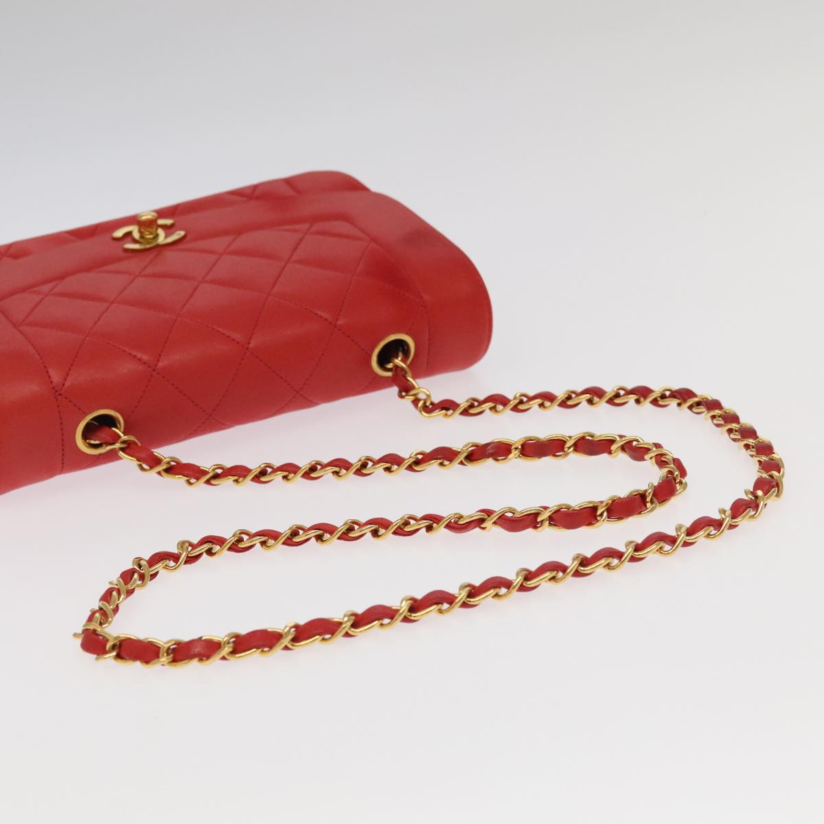 CHANEL Matelasse Diana Chain Shoulder Bag Lamb Skin Red CC Auth 97772A