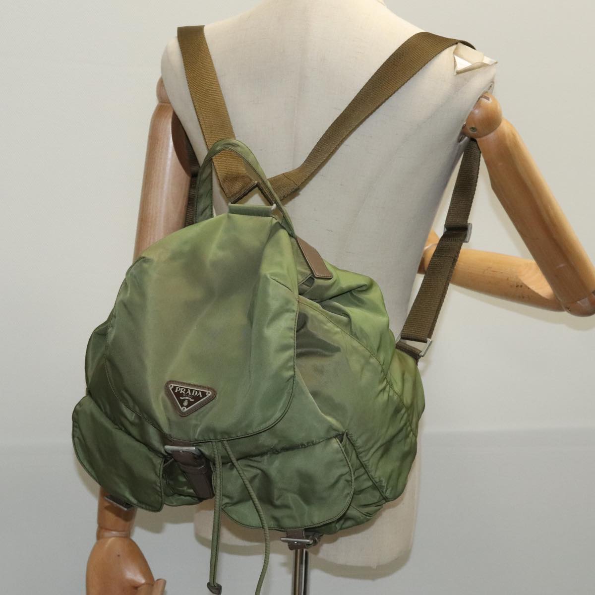 PRADA Backpack Nylon Khaki Silver Auth 97890