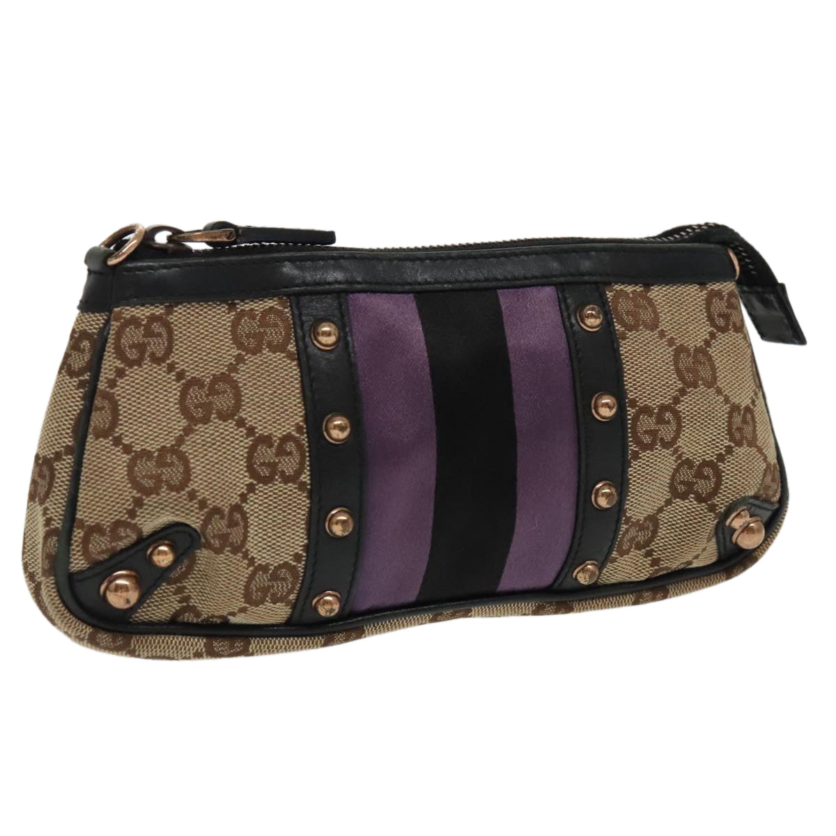 GUCCI GG Canvas Sherry Line Pouch Black Beige purple Auth 97963