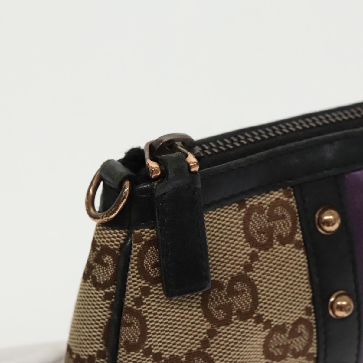 GUCCI GG Canvas Sherry Line Pouch Black Beige purple Auth 97963