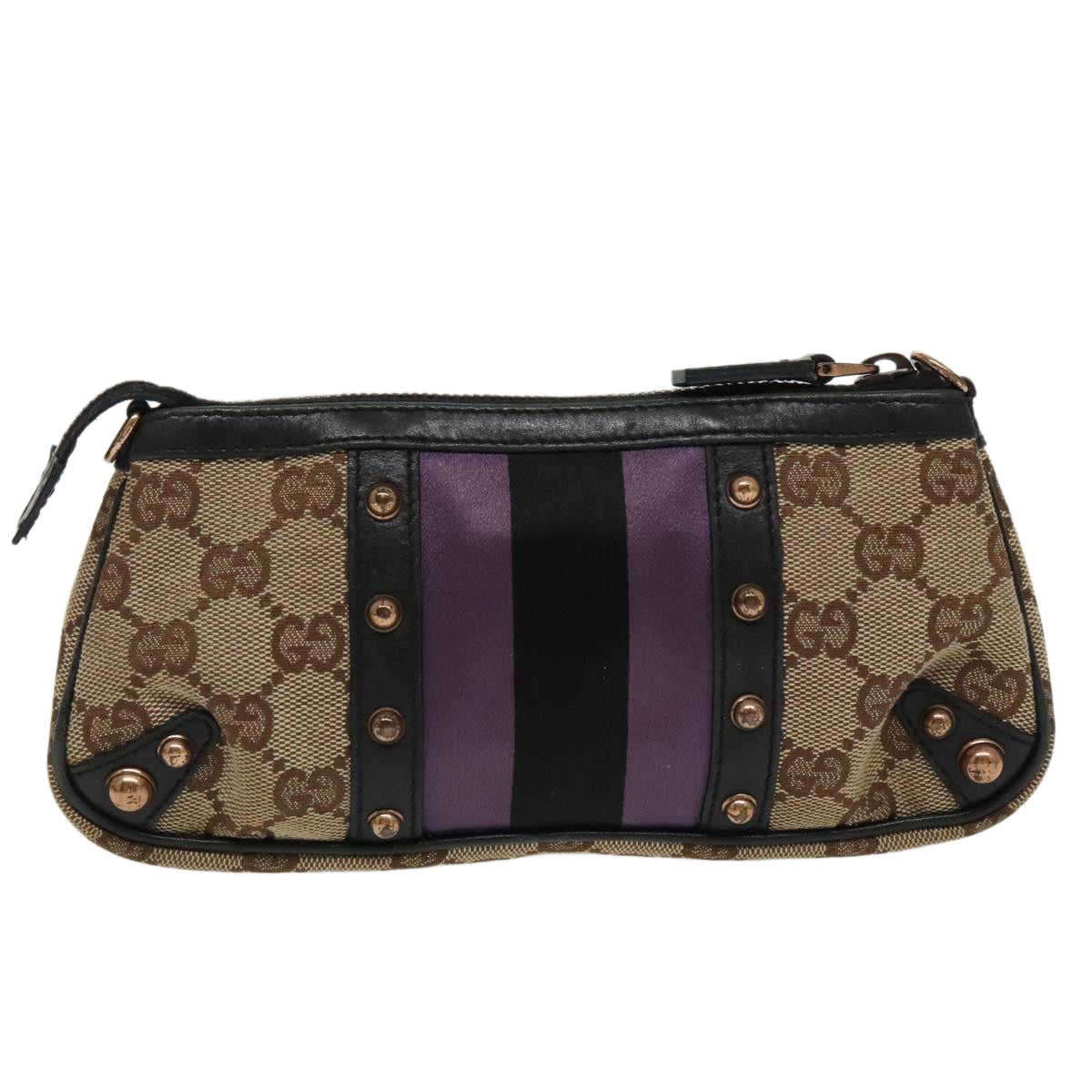 GUCCI GG Canvas Sherry Line Pouch Black Beige purple Auth 97963