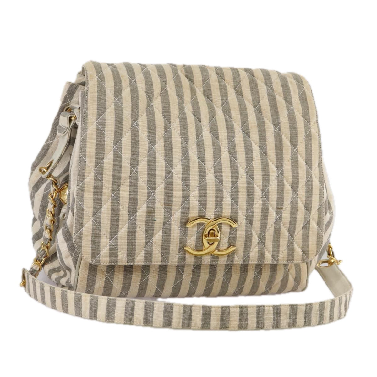 CHANEL Matelasse Big COCO Mark Chain Shoulder Bag Canvas Gray Gold CC Auth 97974