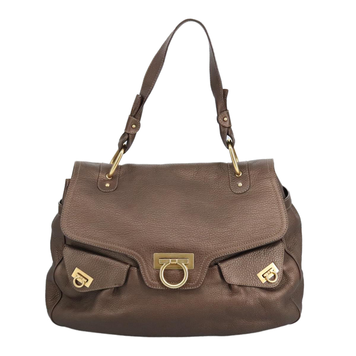 Salvatore Ferragamo Gancini Shoulder Bag Leather Brown Gold Auth 98117A