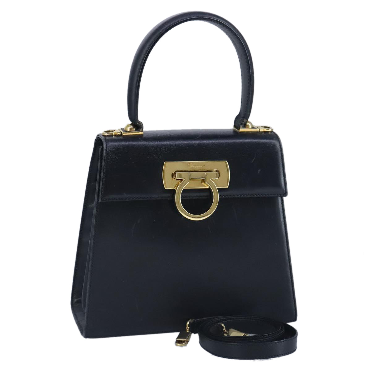 Salvatore Ferragamo Gancini Hand Bag Leather 2way Navy Gold Auth 98122
