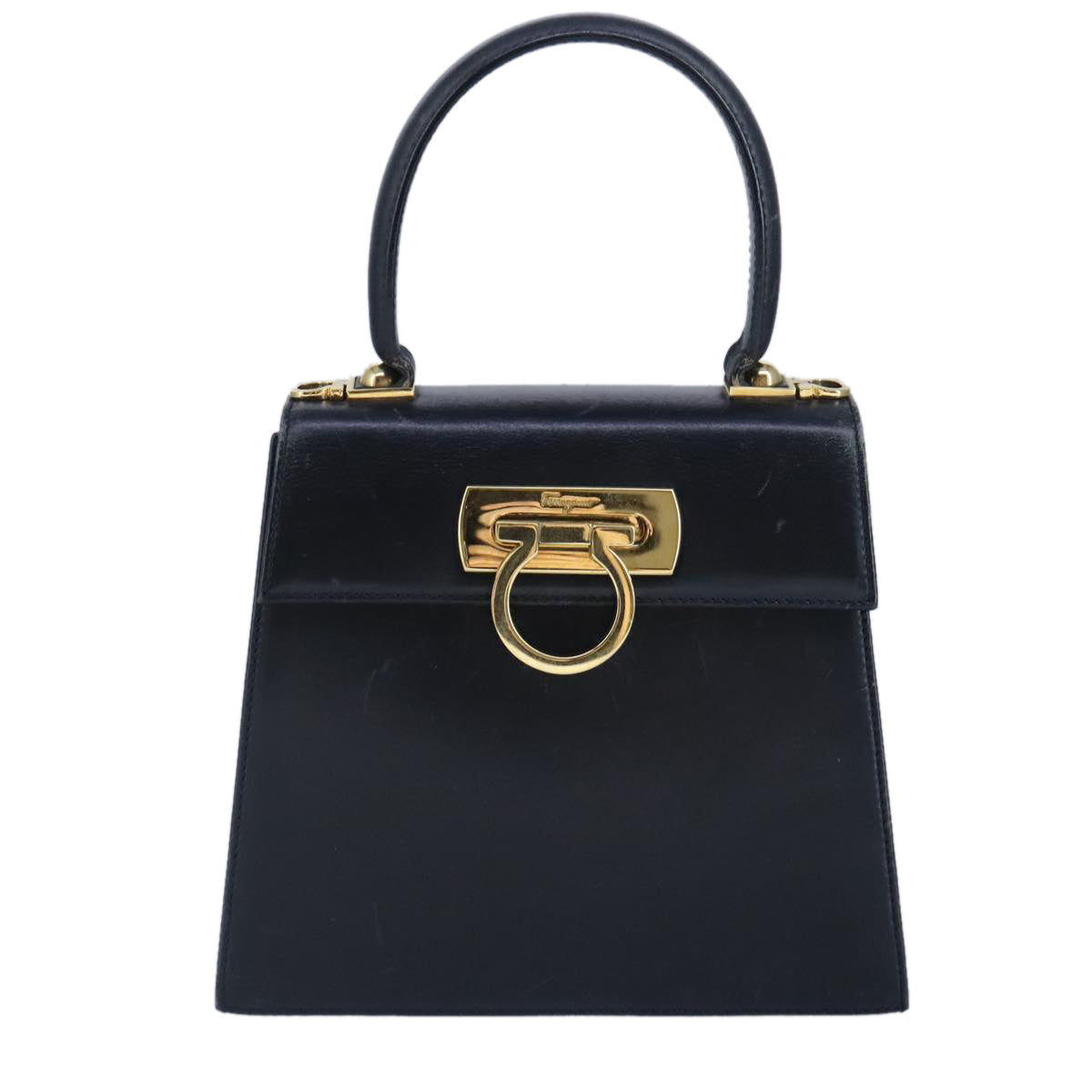 Salvatore Ferragamo Gancini Hand Bag Leather 2way Navy Gold Auth 98122