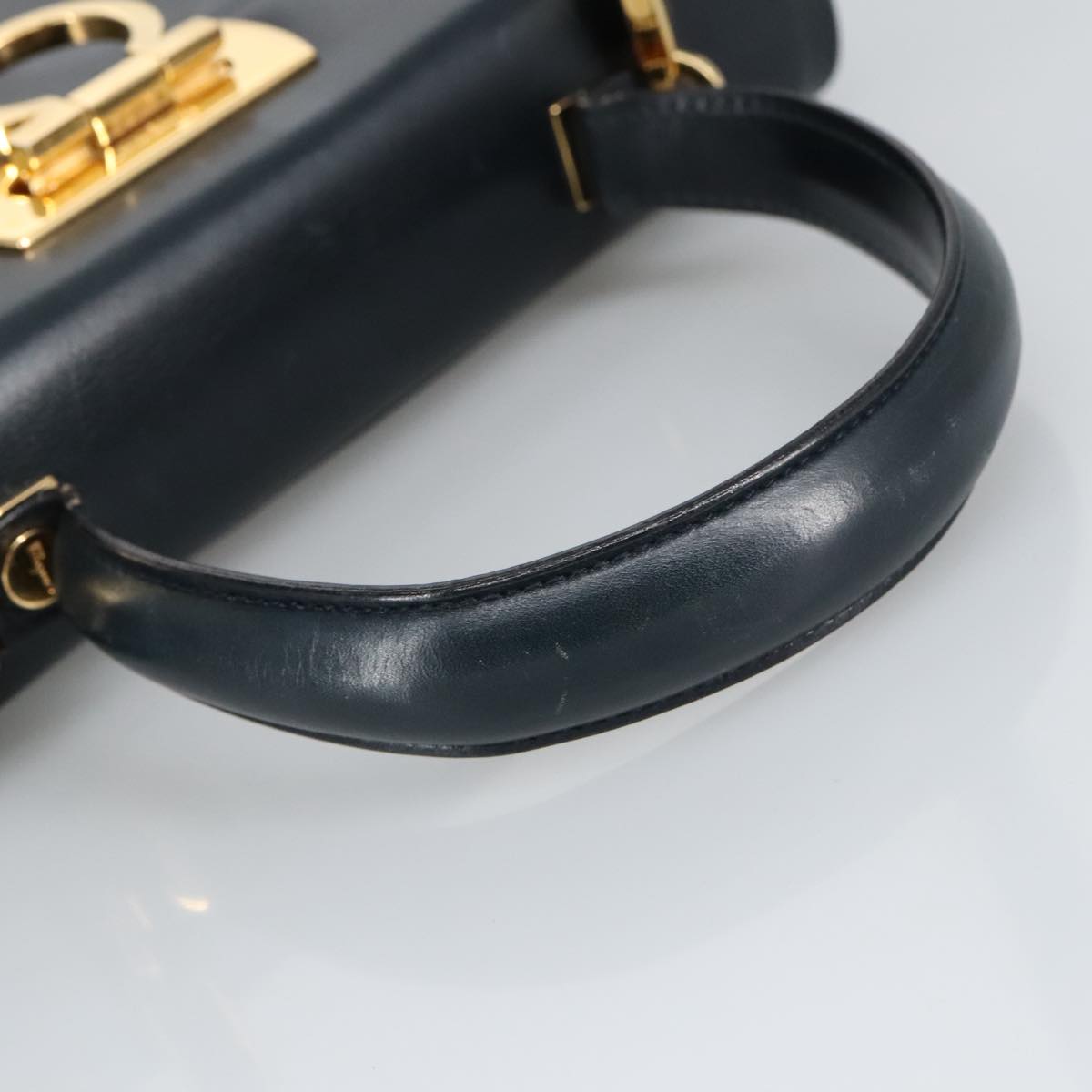Salvatore Ferragamo Gancini Hand Bag Leather 2way Navy Gold Auth 98125