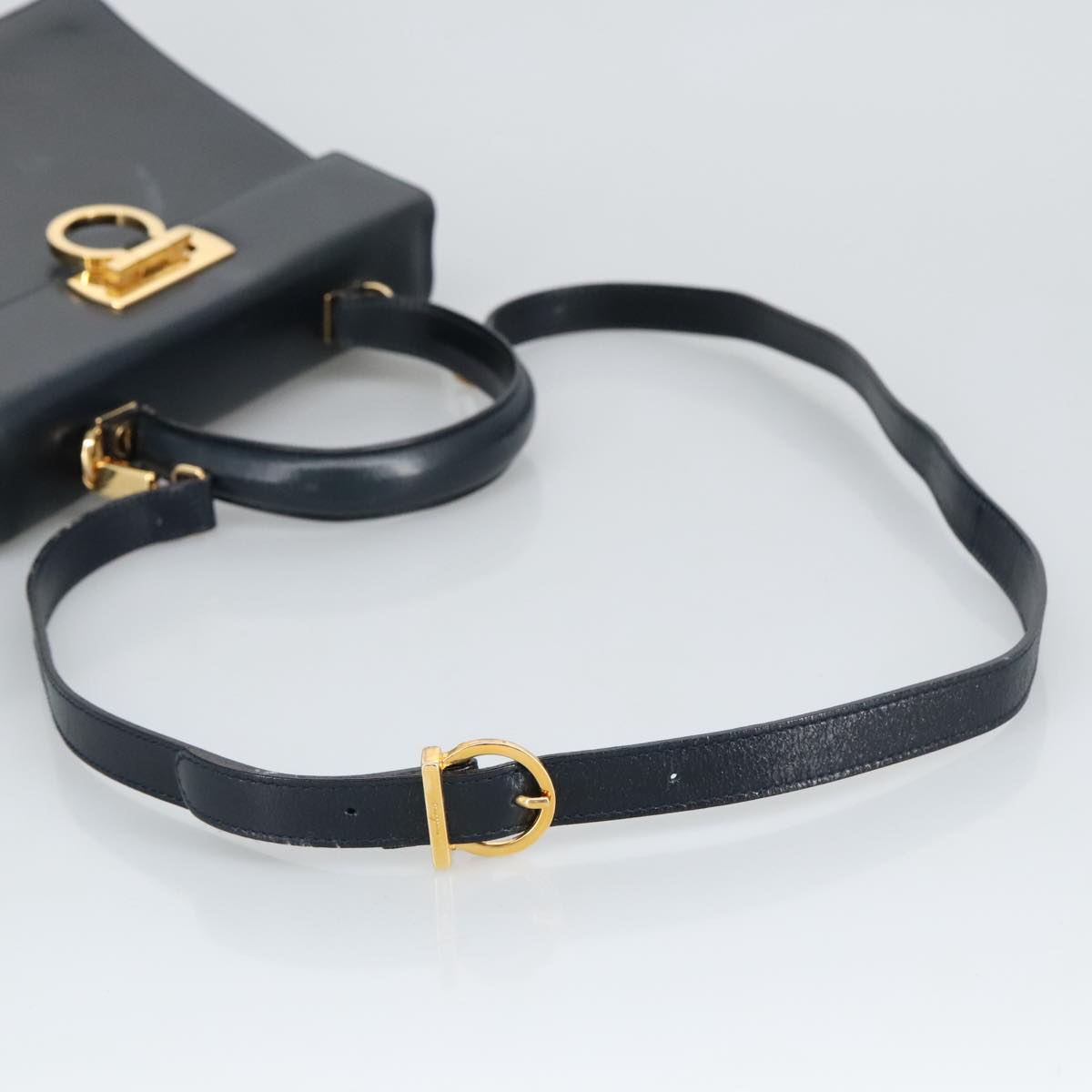 Salvatore Ferragamo Gancini Hand Bag Leather 2way Navy Gold Auth 98125