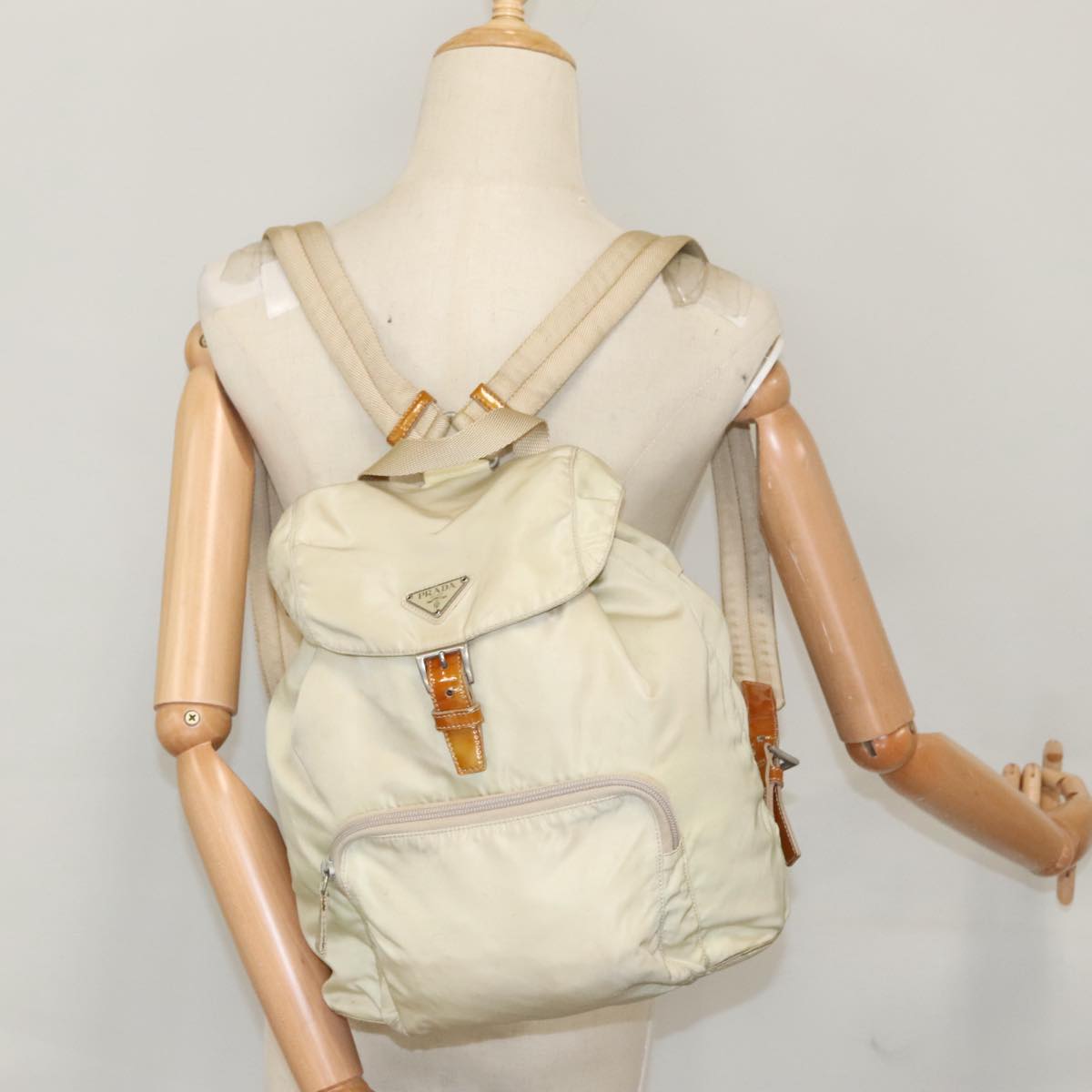 PRADA Backpack Nylon Beige Silver Auth 98213