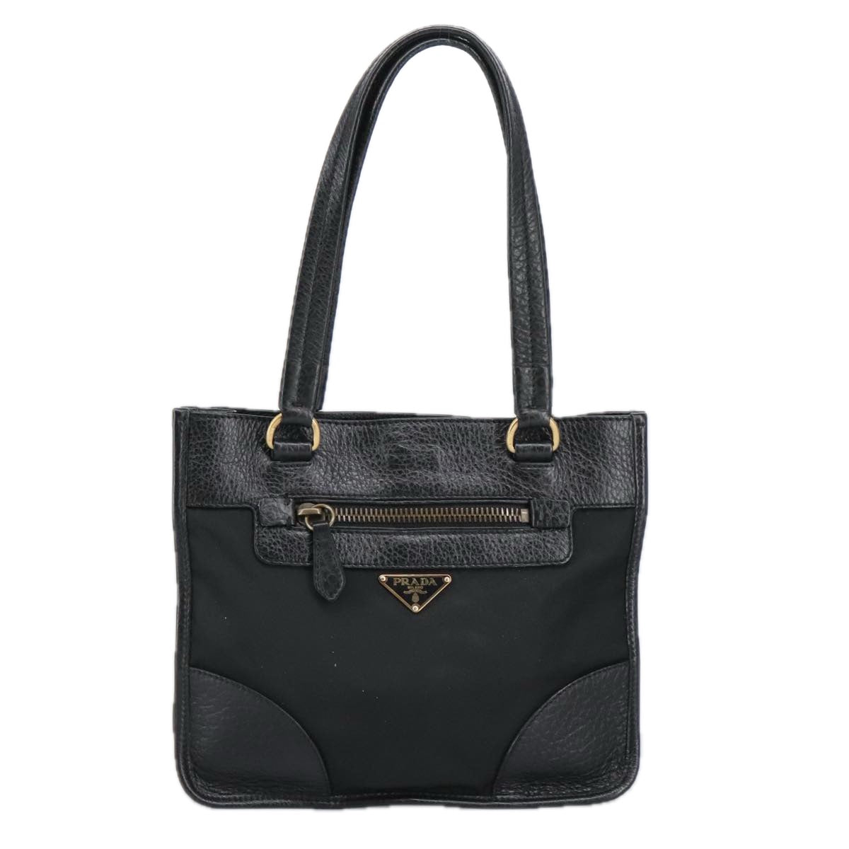 PRADA Tote Bag Nylon Leather Black Gold Auth 98214