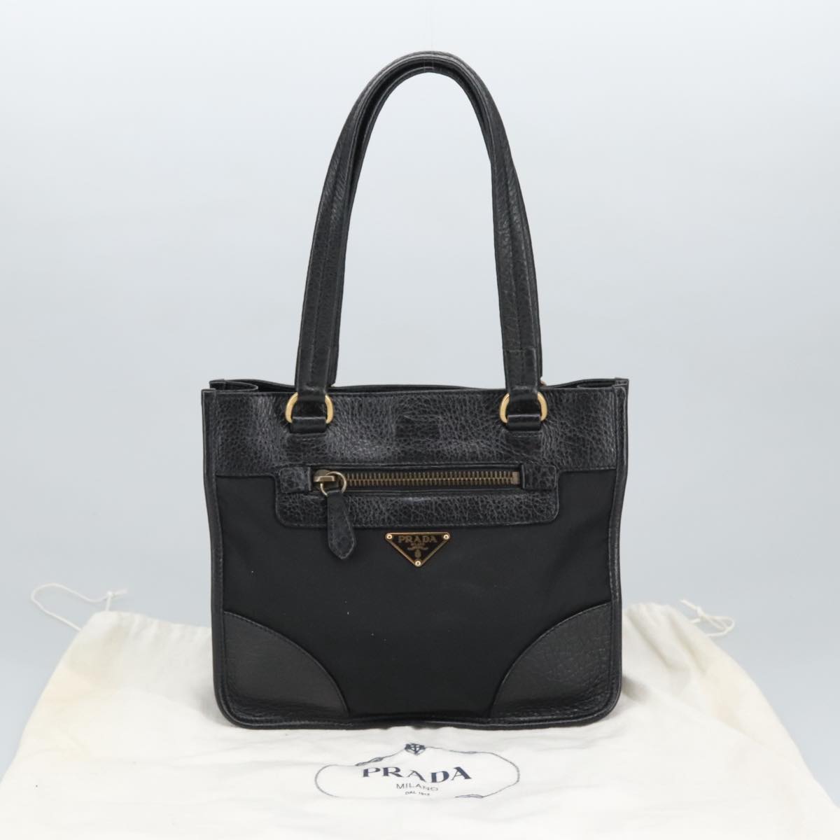 PRADA Tote Bag Nylon Leather Black Gold Auth 98214