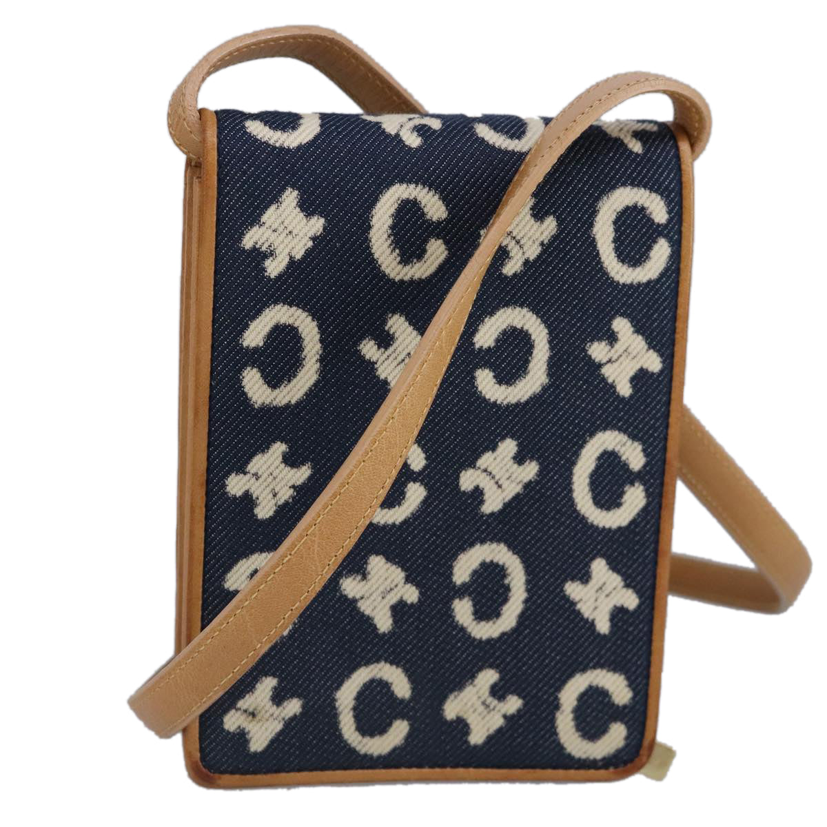 CELINE C Macadam Canvas Shoulder Bag Blue Gold Auth 98223