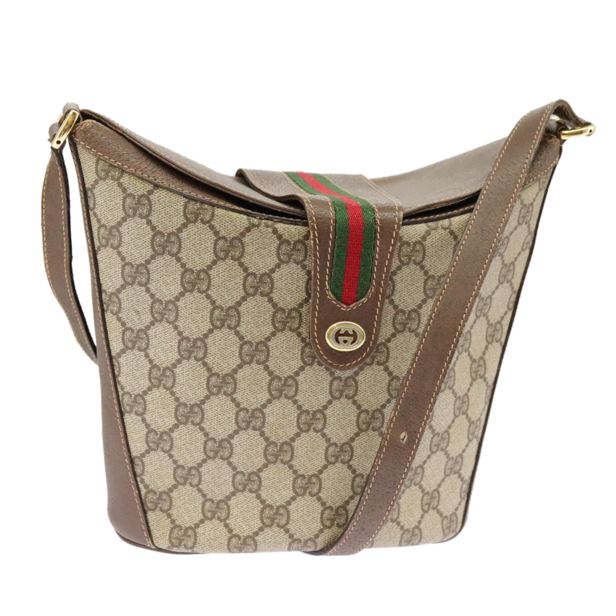 GUCCI GG Supreme Shoulder Bag PVC Beige Gold Web Sherry Line Auth 98280