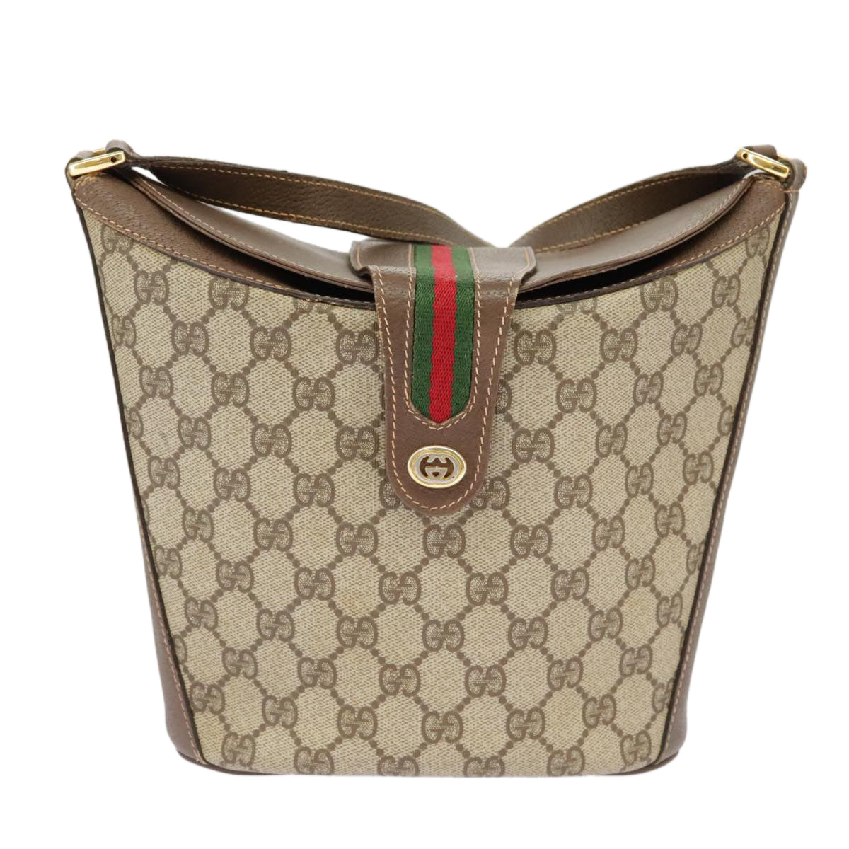 GUCCI GG Supreme Shoulder Bag PVC Beige Gold Web Sherry Line Auth 98280