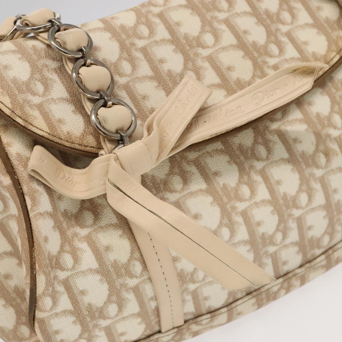 Christian Dior Trotter Canvas Romantic Hand Bag PVC Beige Silver Auth 98283