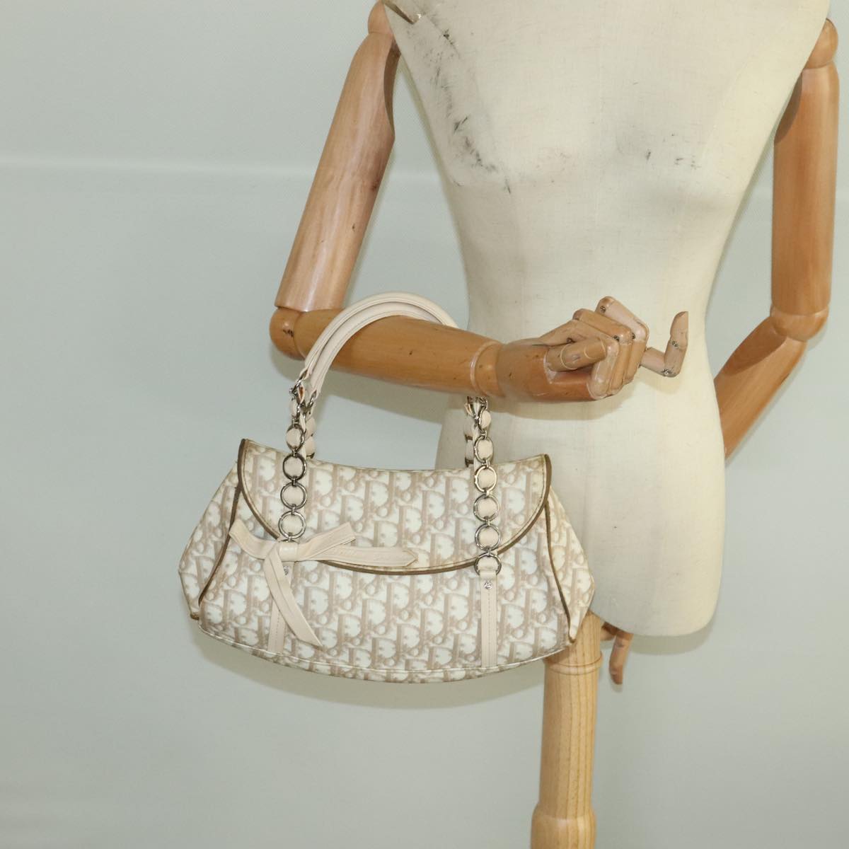 Christian Dior Trotter Canvas Romantic Hand Bag PVC Beige Silver Auth 98283